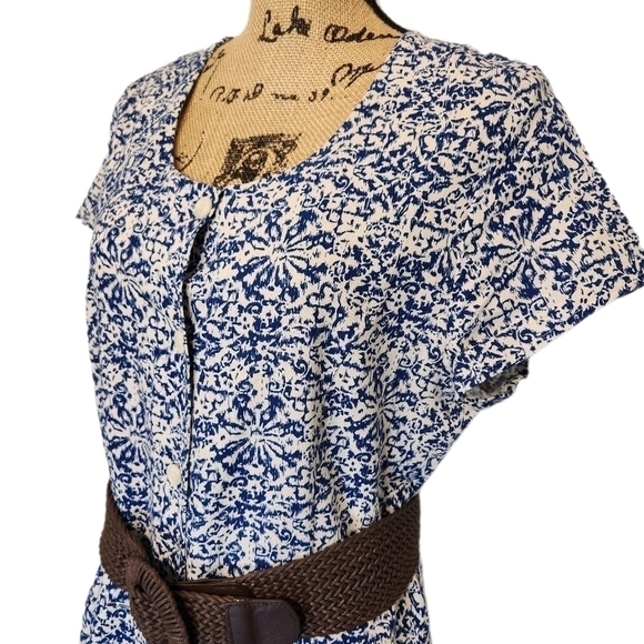 Vintage Norm Thompson Linen A line dress, blue/cream, women's medium NWOT - Picture 5 of 8